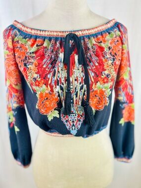 Flying Tomato Black Cropped Off-Shoulder Top with Orange Floral Embroidery